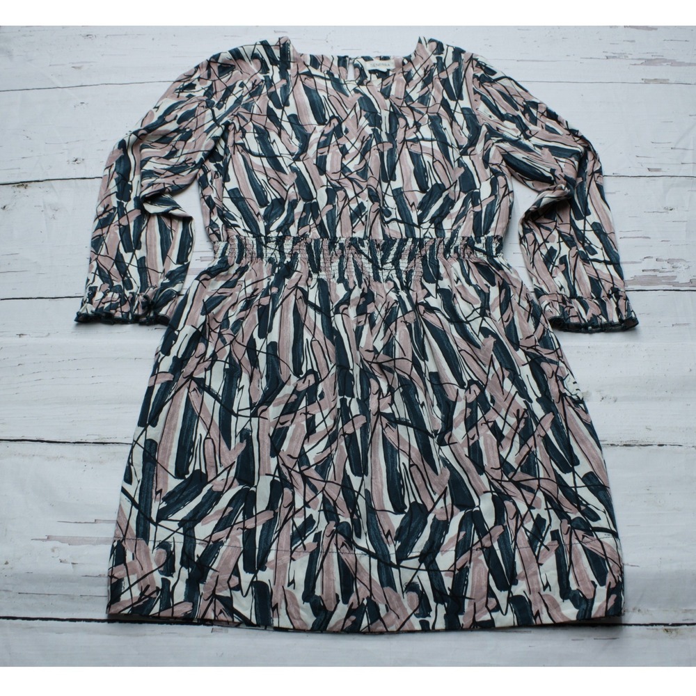 Generra Silk Cotton Abstract Print Smocked Mini Dress Teal Mauve 8